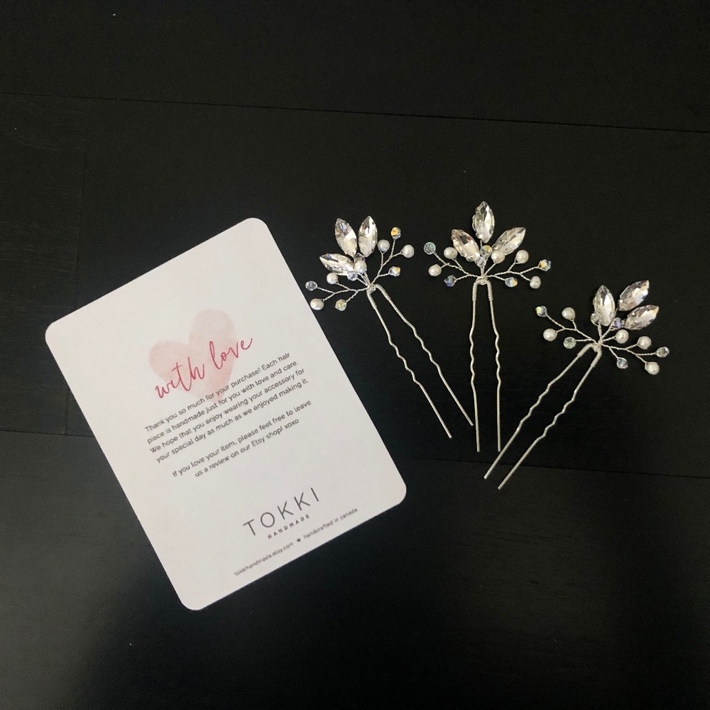 TOKKIHandmade Pearl, Bead & Crystal Bridal Hair Pins- Silver - Set of 3